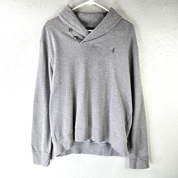 Ralph Lauren Shawl Collar Sweater Mens M Gray Preppy Pullover Logo Long Sleeve - Picture 1 of 13